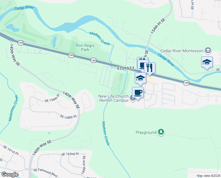 map of restaurants, bars, coffee shops, grocery stores, and more near 15299 Oak Drive in Renton