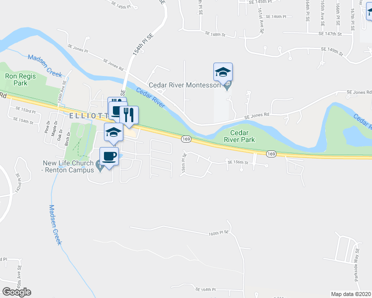 map of restaurants, bars, coffee shops, grocery stores, and more near 15620 156th Place Southeast in Renton