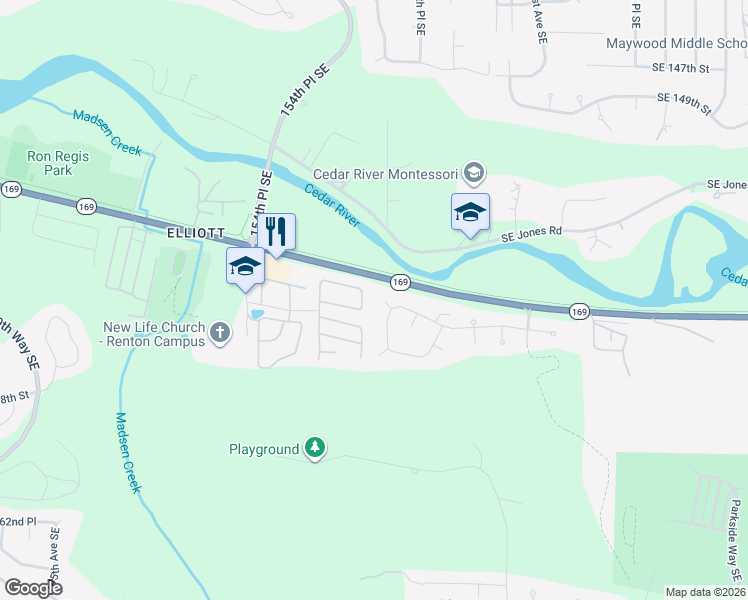 map of restaurants, bars, coffee shops, grocery stores, and more near 15620 156th Place Southeast in Renton