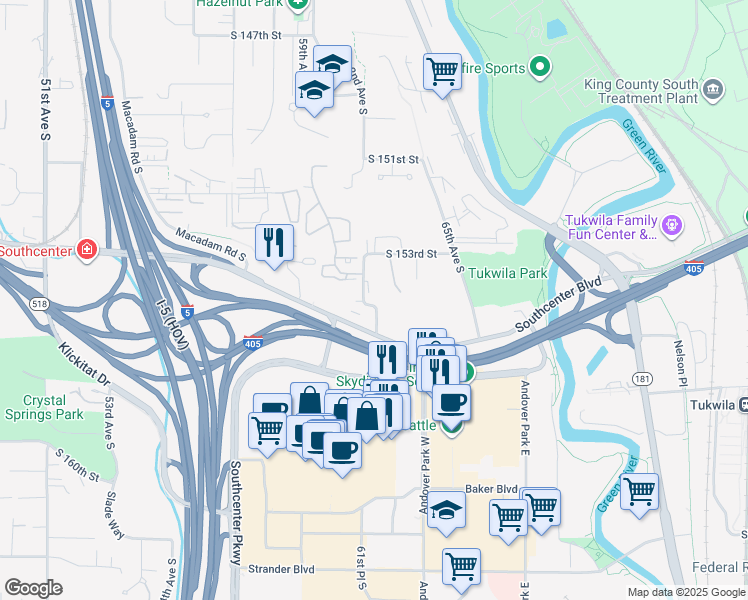 map of restaurants, bars, coffee shops, grocery stores, and more near 6200 Southcenter Boulevard in Tukwila
