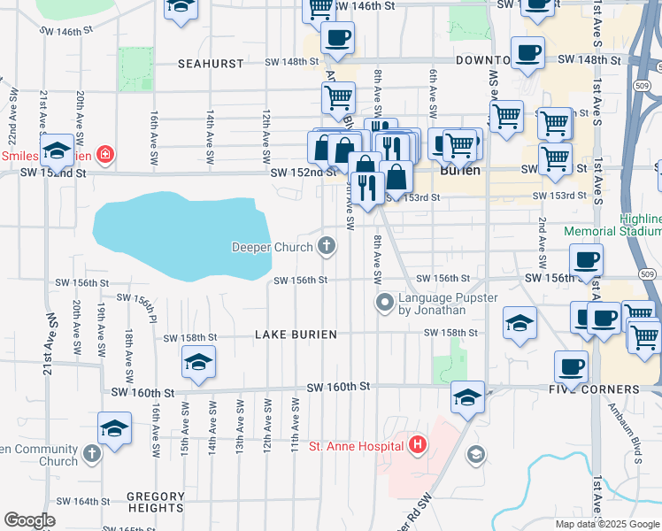 map of restaurants, bars, coffee shops, grocery stores, and more near 15603 10th Avenue Southwest in Burien