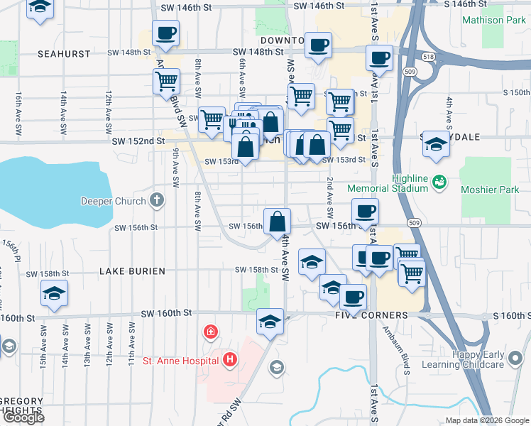 map of restaurants, bars, coffee shops, grocery stores, and more near 416 Southwest 155th Street in Burien