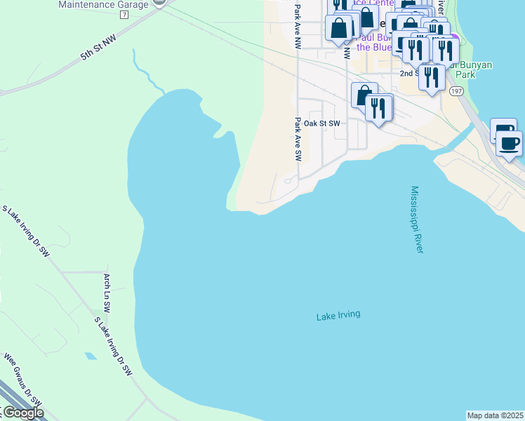 map of restaurants, bars, coffee shops, grocery stores, and more near 707 Woodland Avenue Southwest in Bemidji