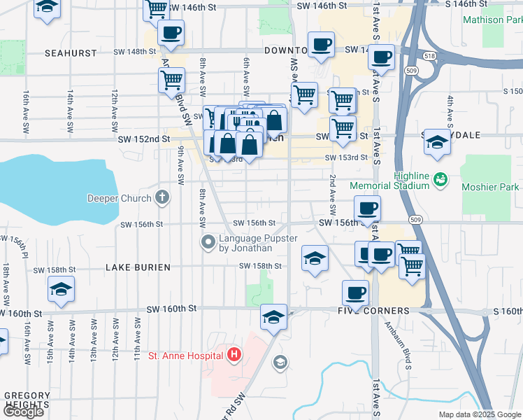 map of restaurants, bars, coffee shops, grocery stores, and more near 435 Southwest 155th Street in Burien