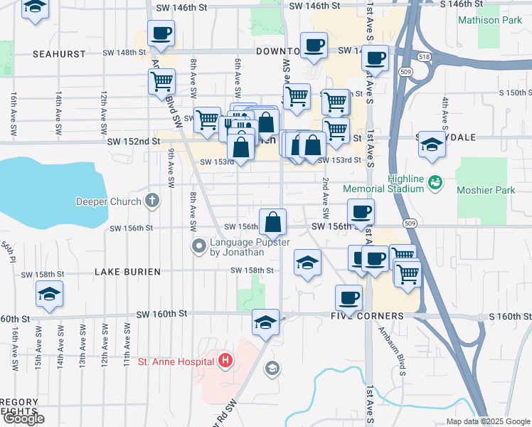 map of restaurants, bars, coffee shops, grocery stores, and more near 417 Southwest 155th Street in Burien