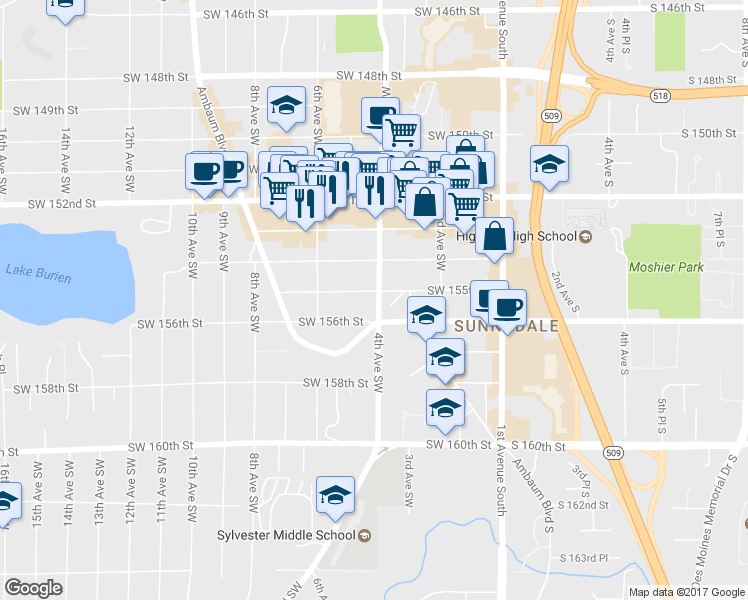 map of restaurants, bars, coffee shops, grocery stores, and more near 416 Southwest 155th Street in Burien