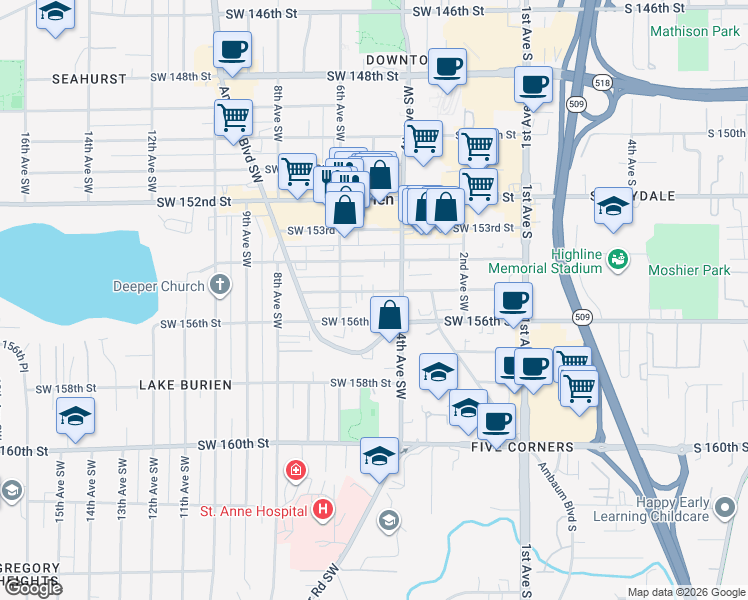 map of restaurants, bars, coffee shops, grocery stores, and more near 416 Southwest 155th Street in Burien