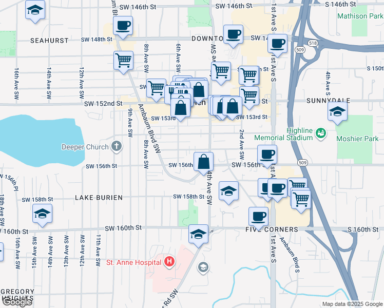 map of restaurants, bars, coffee shops, grocery stores, and more near 416 Southwest 155th Street in Burien
