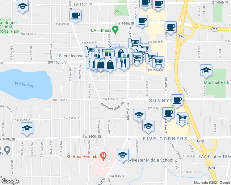 map of restaurants, bars, coffee shops, grocery stores, and more near 450 Southwest 155th Street in Burien