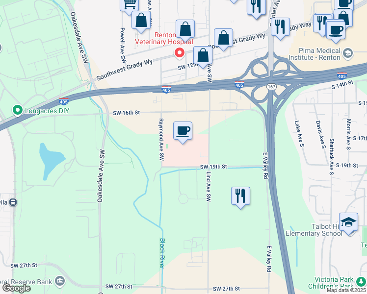 map of restaurants, bars, coffee shops, grocery stores, and more near 1733 Raymond Avenue Southwest in Renton