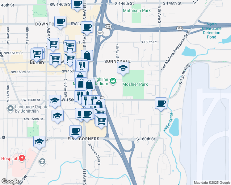 map of restaurants, bars, coffee shops, grocery stores, and more near 400 South 156th Street in Burien