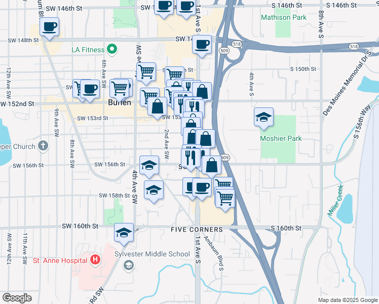 map of restaurants, bars, coffee shops, grocery stores, and more near 15421 1st Avenue South in Burien