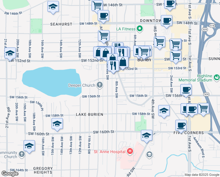 map of restaurants, bars, coffee shops, grocery stores, and more near 15415 9th Avenue Southwest in Burien