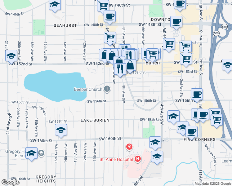 map of restaurants, bars, coffee shops, grocery stores, and more near 15415 9th Avenue Southwest in Burien