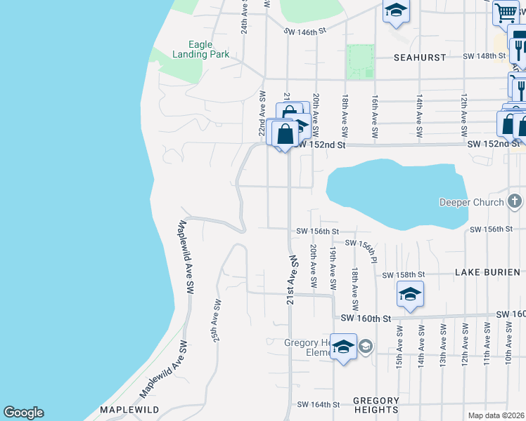 map of restaurants, bars, coffee shops, grocery stores, and more near 15415 22nd Avenue Southwest in Burien