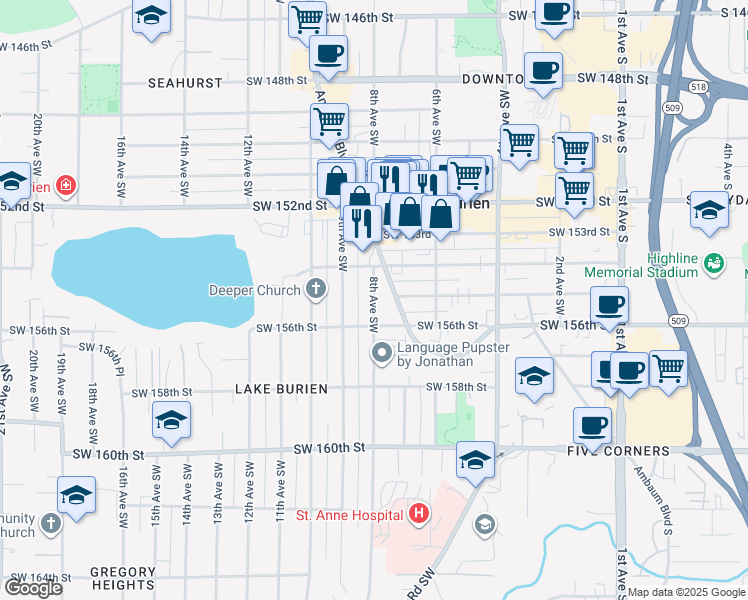 map of restaurants, bars, coffee shops, grocery stores, and more near 15500 8th Avenue Southwest in Burien