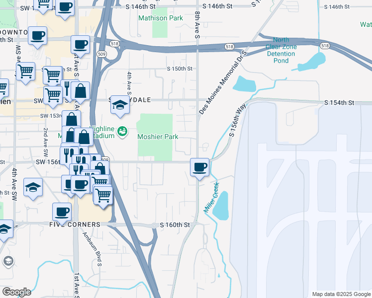 map of restaurants, bars, coffee shops, grocery stores, and more near 15421 Des Moines Memorial Drive in Burien