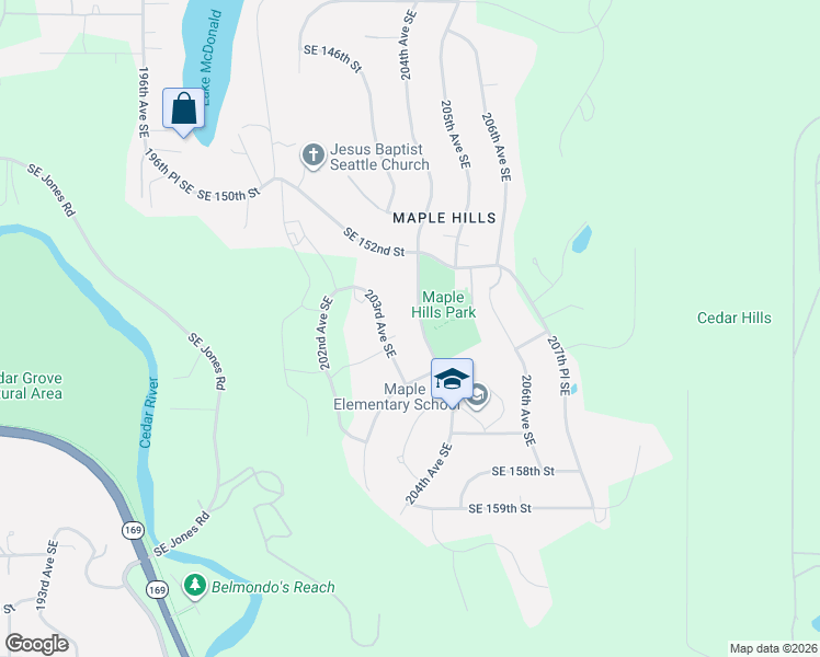 map of restaurants, bars, coffee shops, grocery stores, and more near 15256 204th Avenue Southeast in Renton