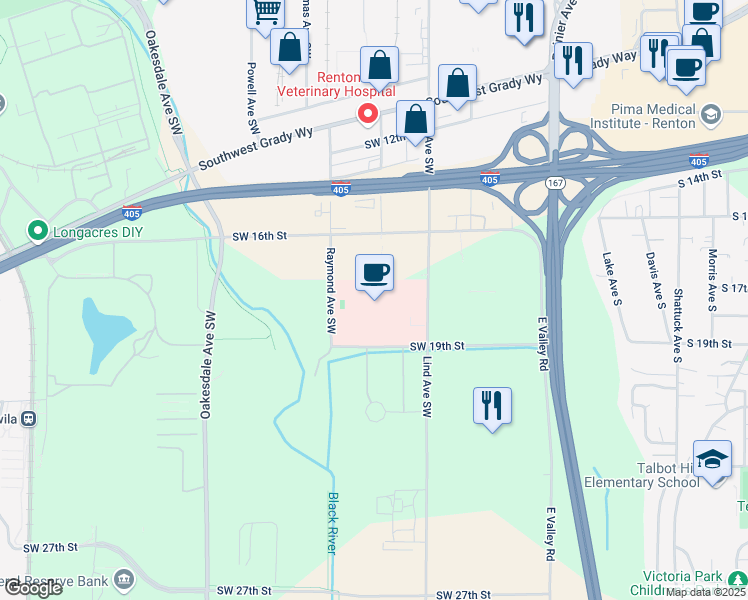 map of restaurants, bars, coffee shops, grocery stores, and more near 1733-1899 Raymond Ave SW in Renton
