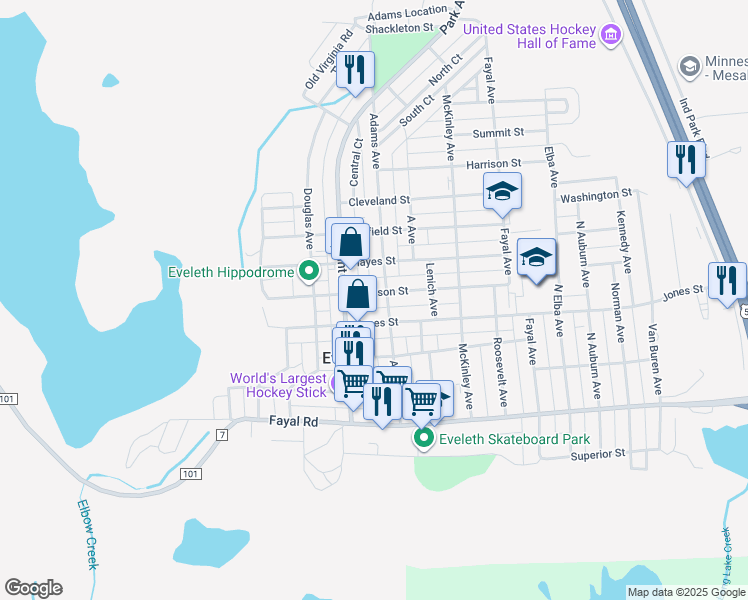 map of restaurants, bars, coffee shops, grocery stores, and more near 502 Grant Avenue in Eveleth