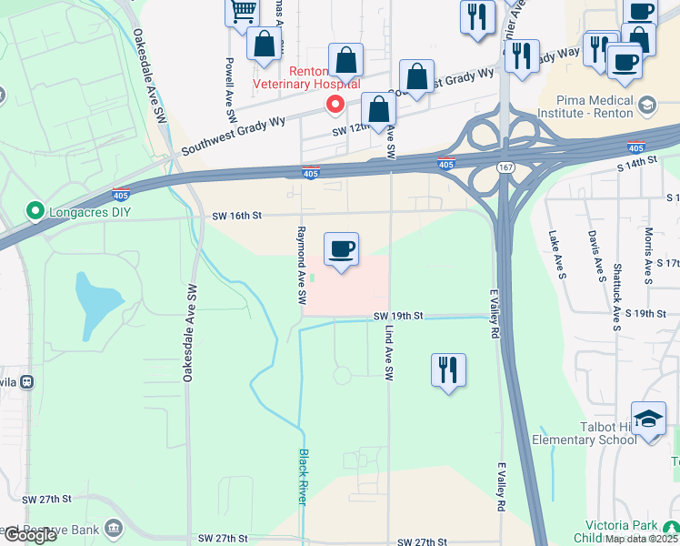 map of restaurants, bars, coffee shops, grocery stores, and more near 1801 Lind Avenue Southwest in Renton