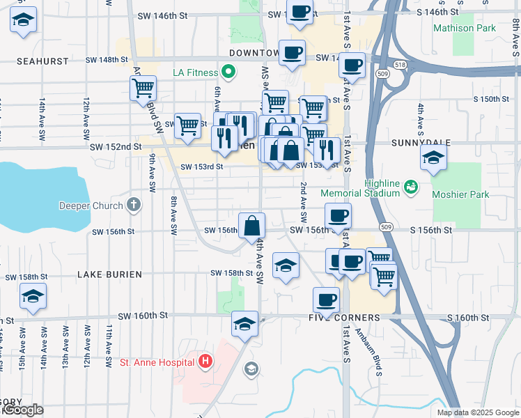 map of restaurants, bars, coffee shops, grocery stores, and more near 15500 4th Avenue Southwest in Burien