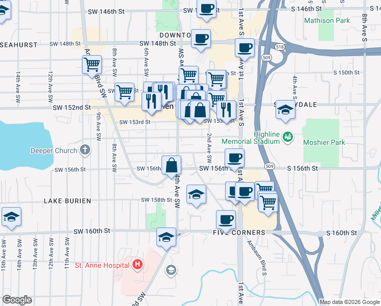 map of restaurants, bars, coffee shops, grocery stores, and more near 308 Southwest 155th Street in Burien
