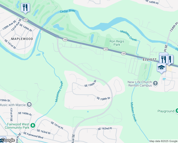 map of restaurants, bars, coffee shops, grocery stores, and more near 15429 141st Place Southeast in Renton