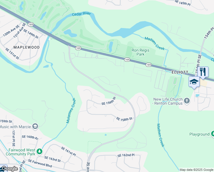 map of restaurants, bars, coffee shops, grocery stores, and more near 15429 141st Place Southeast in Renton