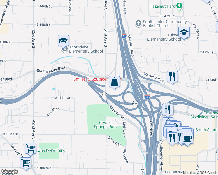 map of restaurants, bars, coffee shops, grocery stores, and more near 15451 53rd Avenue South in Tukwila