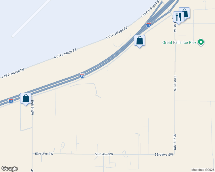 map of restaurants, bars, coffee shops, grocery stores, and more near 3930 Tri Hill Frontage Road in Great Falls