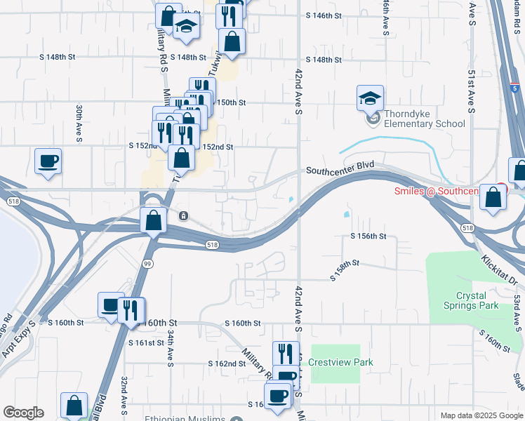 map of restaurants, bars, coffee shops, grocery stores, and more near 15418 40th Avenue South in Tukwila