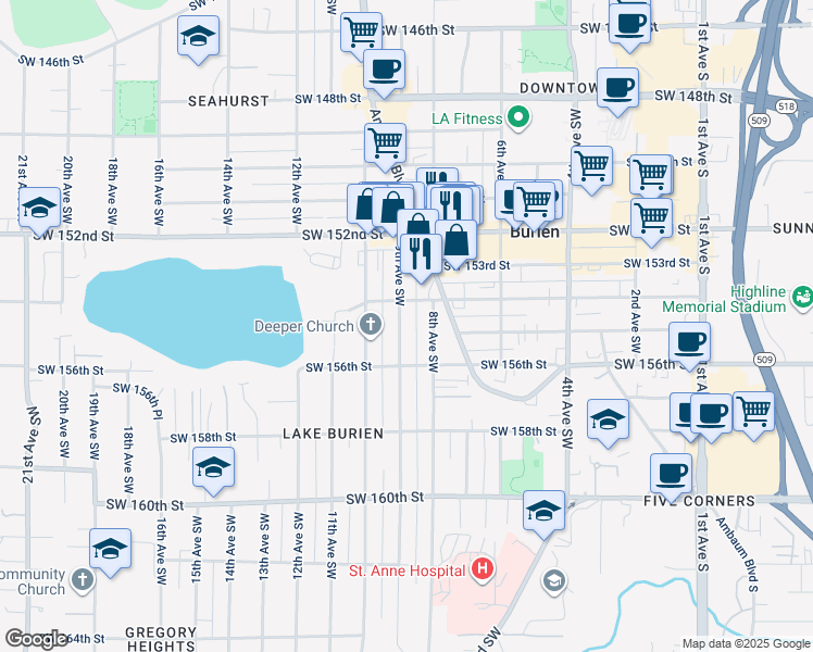 map of restaurants, bars, coffee shops, grocery stores, and more near 15415 9th Avenue Southwest in Burien