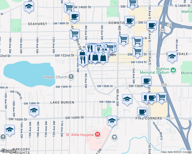 map of restaurants, bars, coffee shops, grocery stores, and more near 15418 Ambaum Boulevard Southwest in Burien