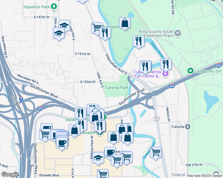 map of restaurants, bars, coffee shops, grocery stores, and more near 15400 65th Avenue South in Tukwila