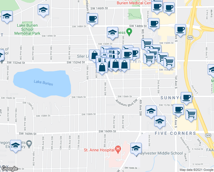 map of restaurants, bars, coffee shops, grocery stores, and more near 15420 8th Avenue Southwest in Burien
