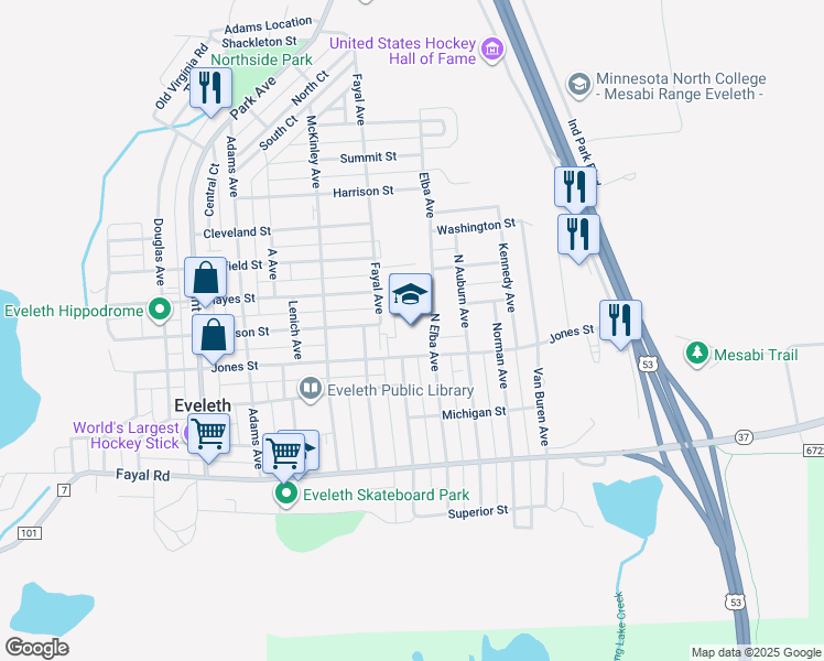 map of restaurants, bars, coffee shops, grocery stores, and more near 801 Jones Street in Eveleth