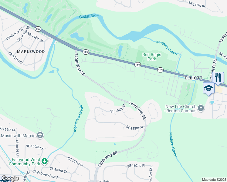 map of restaurants, bars, coffee shops, grocery stores, and more near 15429 141st Place Southeast in Renton