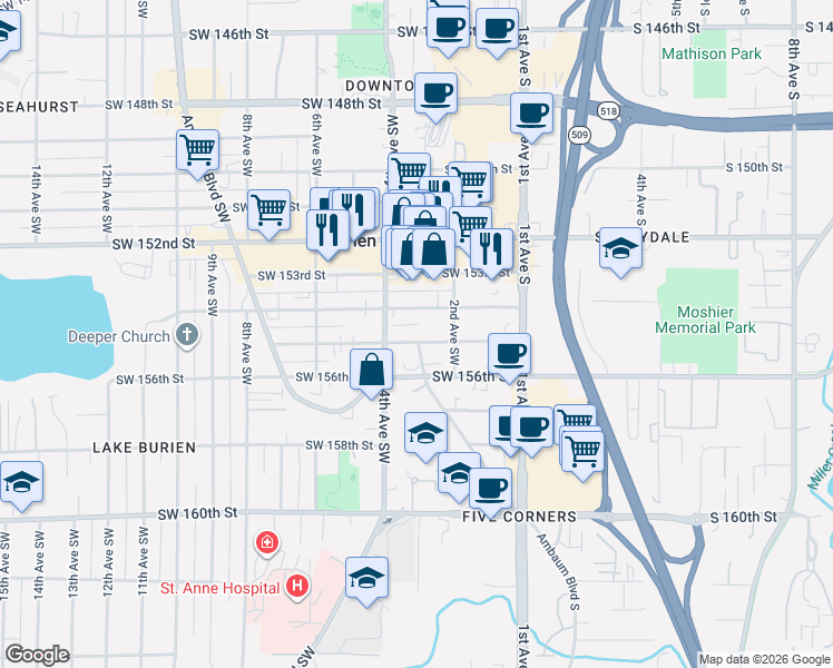 map of restaurants, bars, coffee shops, grocery stores, and more near 322 Southwest 155th Street in Burien