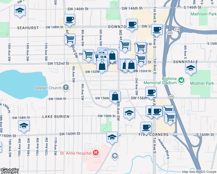 map of restaurants, bars, coffee shops, grocery stores, and more near 416 Southwest 155th Street in Burien