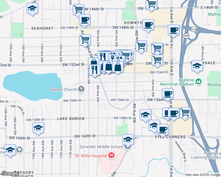 map of restaurants, bars, coffee shops, grocery stores, and more near 15418 Ambaum Boulevard Southwest in Burien