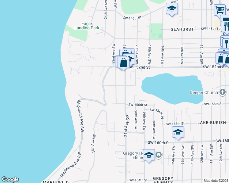 map of restaurants, bars, coffee shops, grocery stores, and more near 15415 22nd Avenue Southwest in Burien
