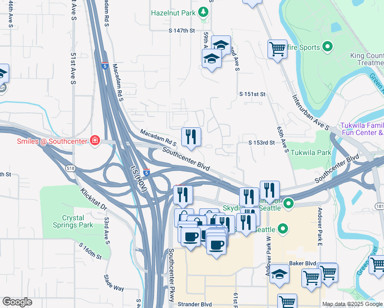 map of restaurants, bars, coffee shops, grocery stores, and more near 5700 Southcenter Boulevard in Tukwila