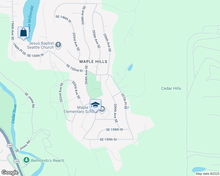 map of restaurants, bars, coffee shops, grocery stores, and more near 15252 206th Avenue Southeast in Renton