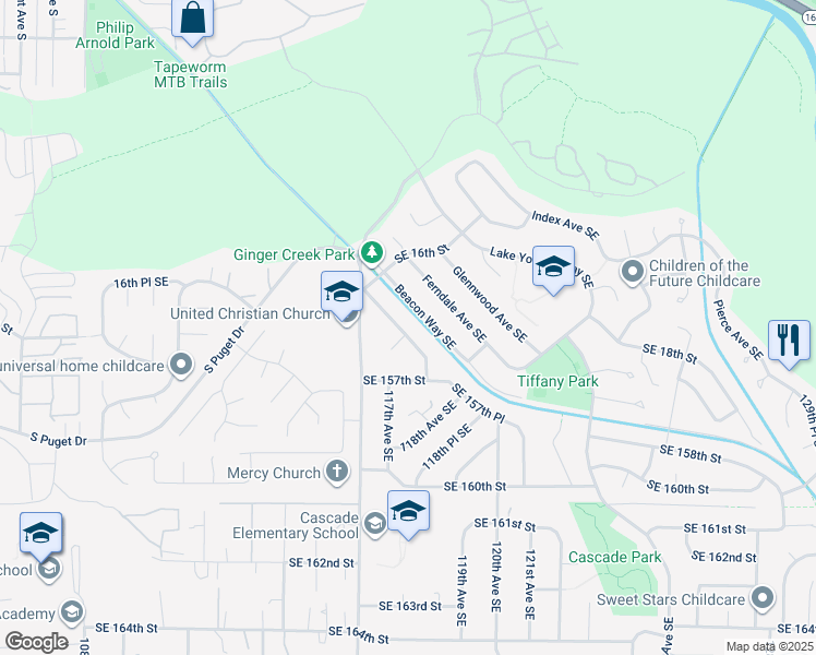 map of restaurants, bars, coffee shops, grocery stores, and more near 1732 Edmonds Way Southeast in Renton
