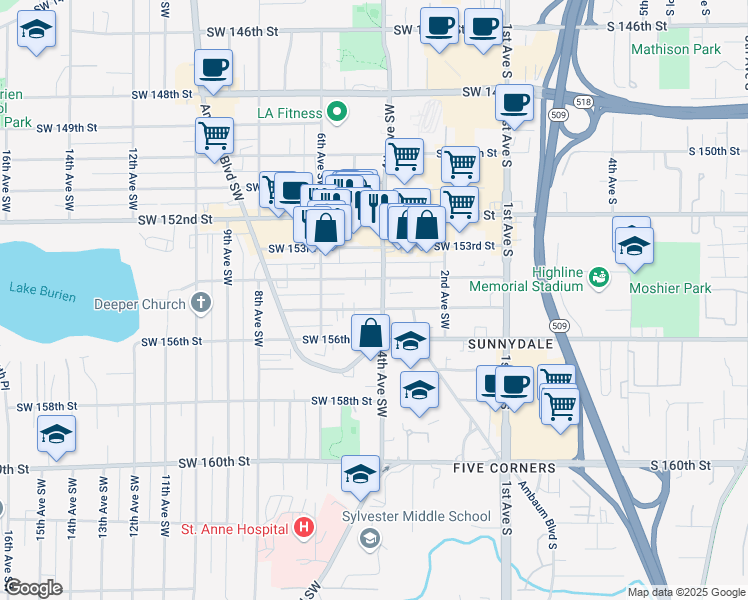 map of restaurants, bars, coffee shops, grocery stores, and more near 15455 4th Avenue Southwest in Burien