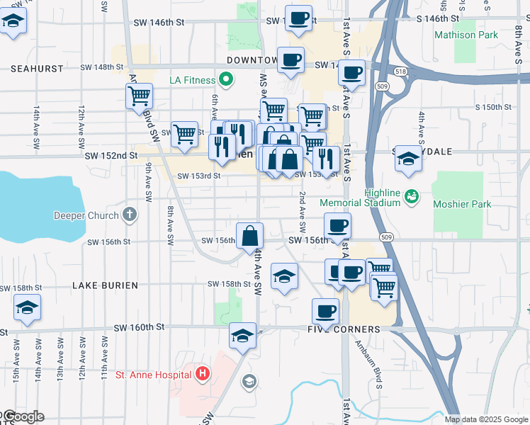 map of restaurants, bars, coffee shops, grocery stores, and more near 322 Southwest 155th Street in Burien