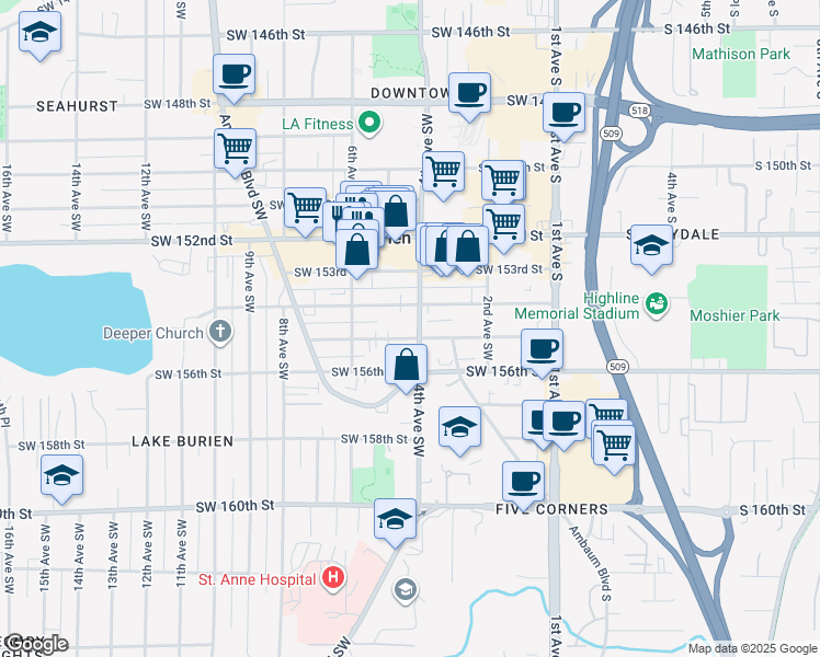 map of restaurants, bars, coffee shops, grocery stores, and more near 15455 4th Avenue Southwest in Burien