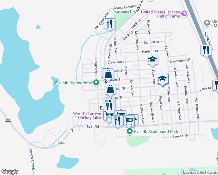 map of restaurants, bars, coffee shops, grocery stores, and more near 502 Grant Avenue in Eveleth