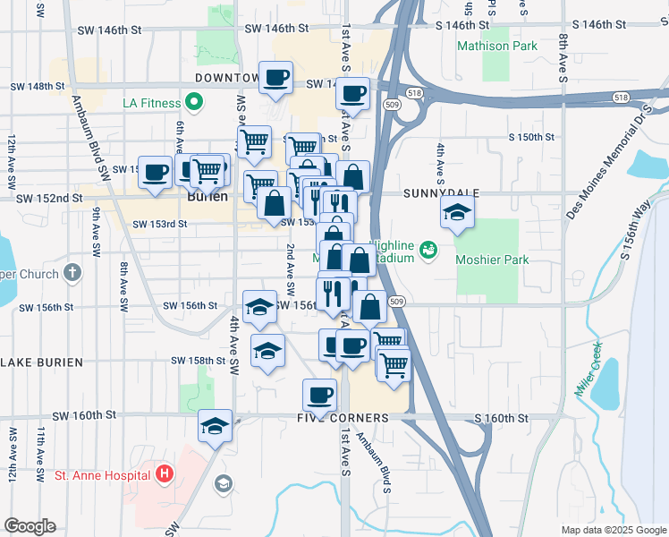 map of restaurants, bars, coffee shops, grocery stores, and more near 15421 1st Avenue South in Burien